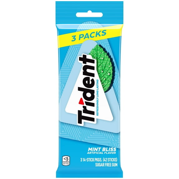(2 pack) Trident Sugar Free Gum, Mint Bliss, 3 Packs of 14 Regular Size Pieces (42 Total Pieces)