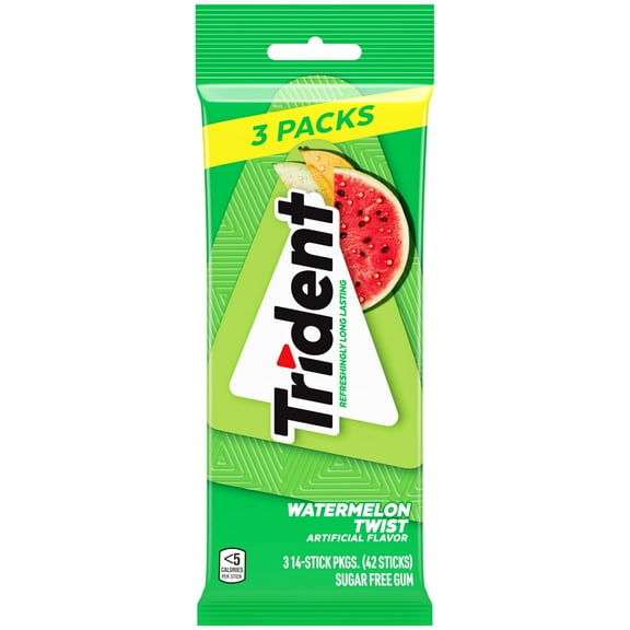 (2 pack) Trident Sugar Free Gum, Watermelon, 3 Packs of 14 Regular Size Pieces (42 Total Pieces)
