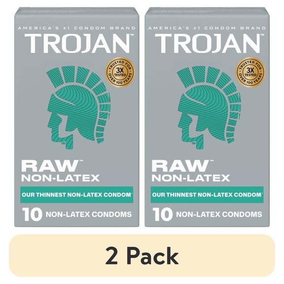 (2 pack) Trojan Raw Non-Latex Lubricated Thin Condoms for Men, Americas Thinnest Latex-Free Condom, 10 count