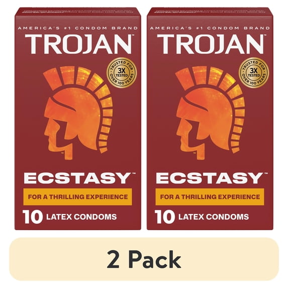 (2 pack) Trojan Ecstasy Ribbed Bulbous Shape Latex Premium Lubricated Condoms, 10 Count