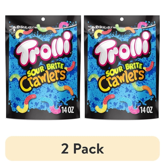 (2 pack) Trolli Sour Brite Crawlers, Candy, Cherry-Lemon, Strawberry-Grape & Orange-Lime, Sweet and Sour, Gummy Worms, 14 oz Bag