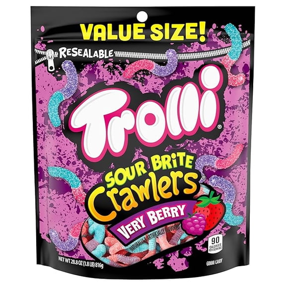 2 pack Trolli Sour Brite Crawlers, Very Berry, Sour Gummy Worms, 28.8 Ounce Resealable Bag