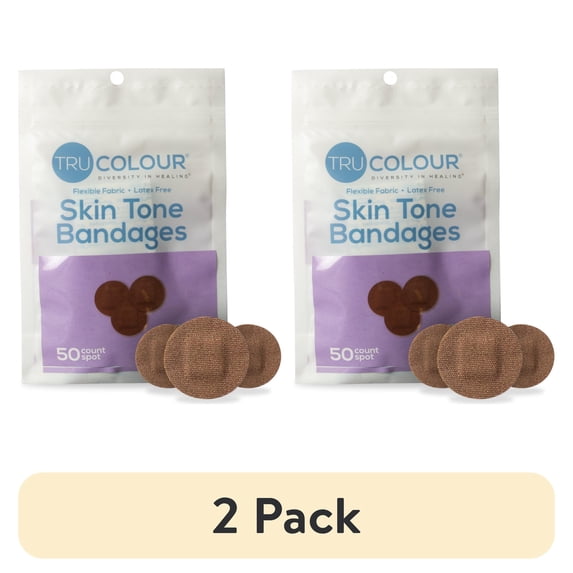 (2 pack) TruColour Skin Tone Bandages, Flexible Fabric, Spot Shape - Dark Brown, 50 Count, 1 Pack