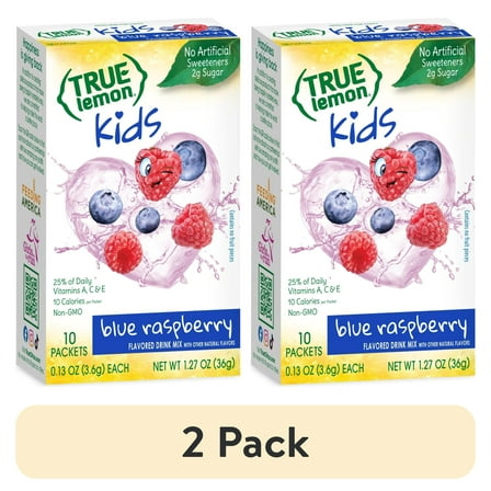 (2 pack) True Lemon Kids Blue Raspberry Powdered Drink Mix, Low Sugar, No Artificial Sweeteners, 10 Count Box