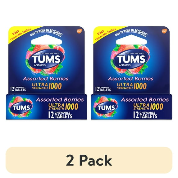 (2 pack) Tums Ultra Strength Heartburn Relief Chewable Antacid Tablets, Berry, 12 Count