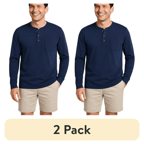 (2 pack) Turtle Bay New York Men's Long Sleeve Henley shirt in cotton blend with 3 Button Placket & Chest Pocket