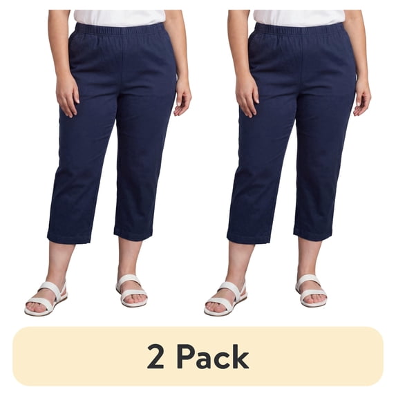 (2 pack) Turtle Bay New York Women's Elastic Waist Pull On Stretch Twill Capri with side pockets (Plus Sizes)