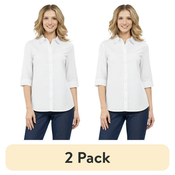 (2 pack) Turtle Bay New York Womens Regular Fit 3/4 Sleeve Button Down Collared Camp Shirt