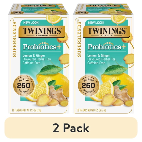 (2 pack) Twinings Probiotics+, Lemon & Ginger Herbal Tea Bags, Caffeine Free, 18 Count Box