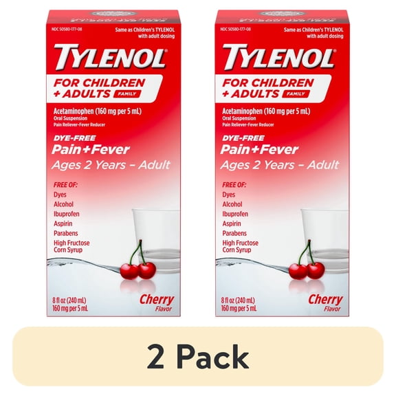 (2 pack) Tylenol Child & Adult Liquid Pain & Fever Relief, Cherry, 8 fl. oz