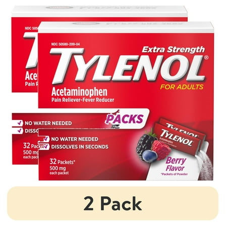 (2 pack) Tylenol Extra Strength Dissolve Packs with Acetaminophen, Berry, 32 Count