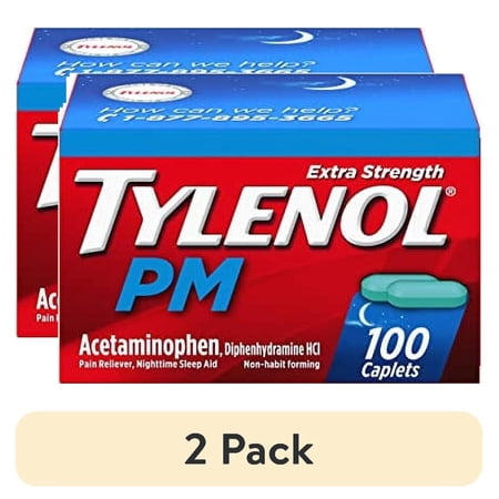 (2 pack) Tylenol PM Extra Strength Nighttime Pain Reliever & Sleep Aid Caplets, 500 mg Acetaminophen & 25 mg Diphenhydramine HCl, Relief for Nighttime Aches & Pains, Non-Habit Forming, 100 ct