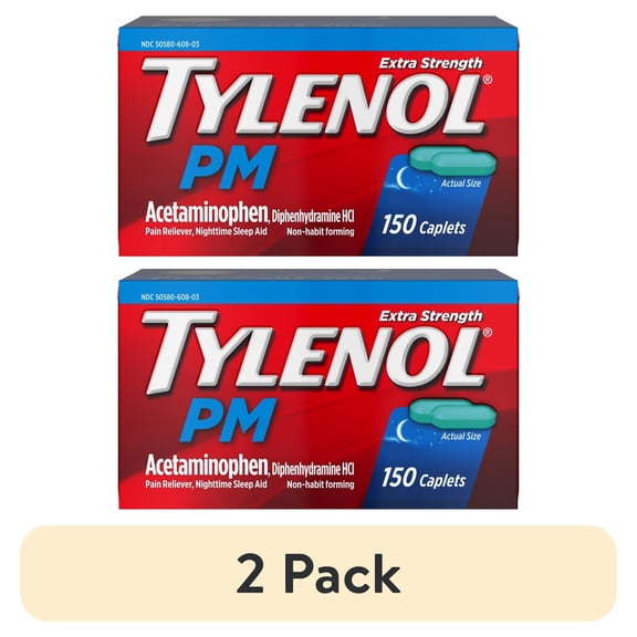 (2 pack) Tylenol PM Extra Strength Pain Relief & Sleep Aid Caplets, Value Size, 150 Count