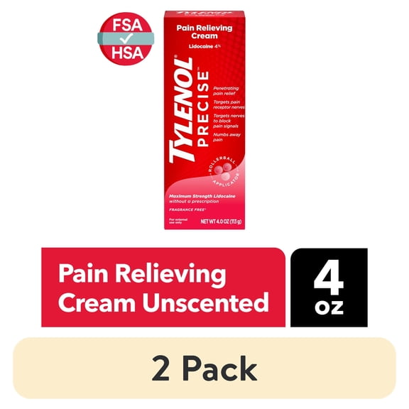 (2 pack) Tylenol Precise Maximum Strength 4% Lidocaine Pain Relieving Cream, 4oz