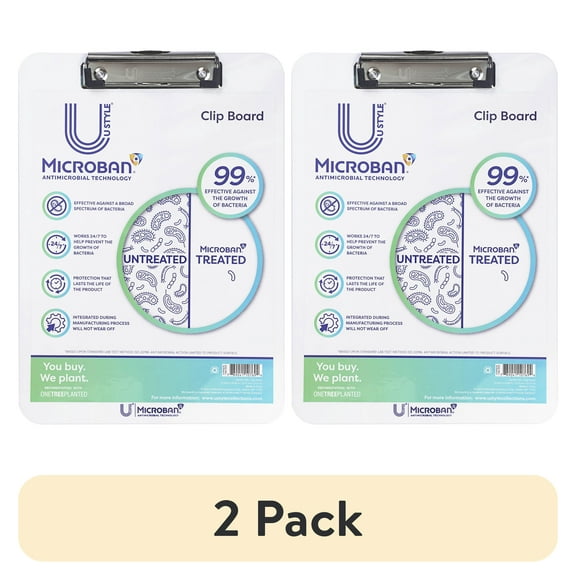(2 pack) U Style Antimicrobial Acrylic Clipboard with Microban ®, 12.44" x 8.89", Low Profile Clip, White