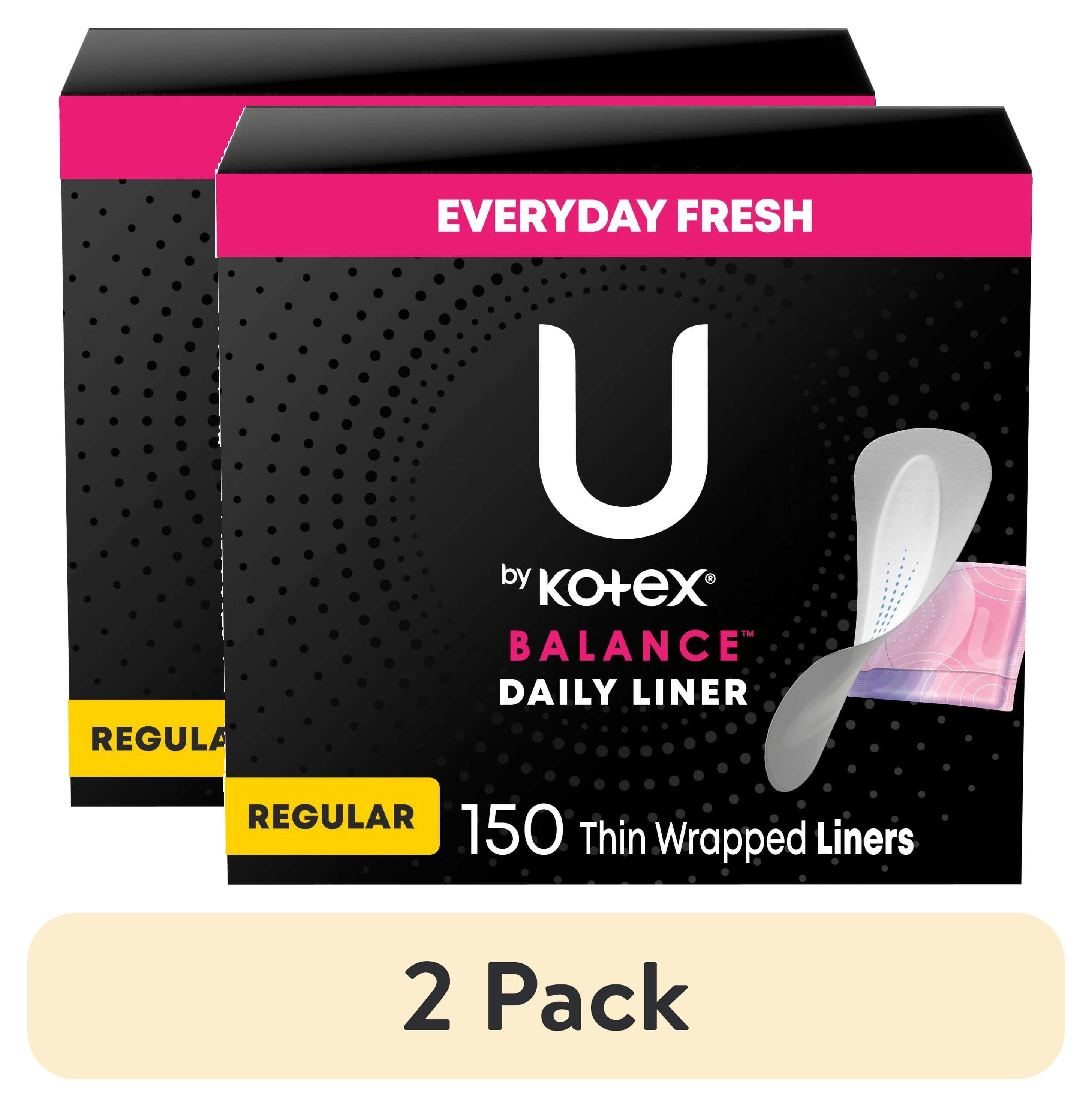 (2 pack) U by Kotex Balance Daily Wrapped Panty Liners, Light Absorbency, Regular Length, 150 Ct