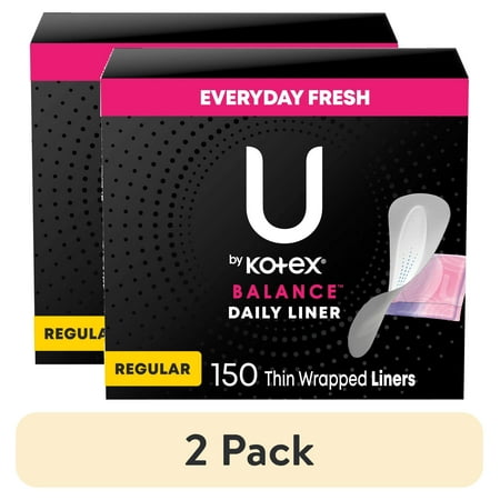 (2 pack) U by Kotex Balance Daily Wrapped Panty Liners, Light Absorbency, Regular Length, 150 Ct