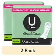 (2 pack) U by Kotex Clean & Secure Ultra Thin Pads, Heavy Absorbency, 56 Count