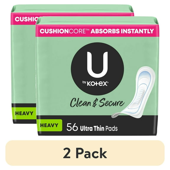 (2 pack) U by Kotex Clean & Secure Ultra Thin Pads, Heavy Absorbency, 56 Count