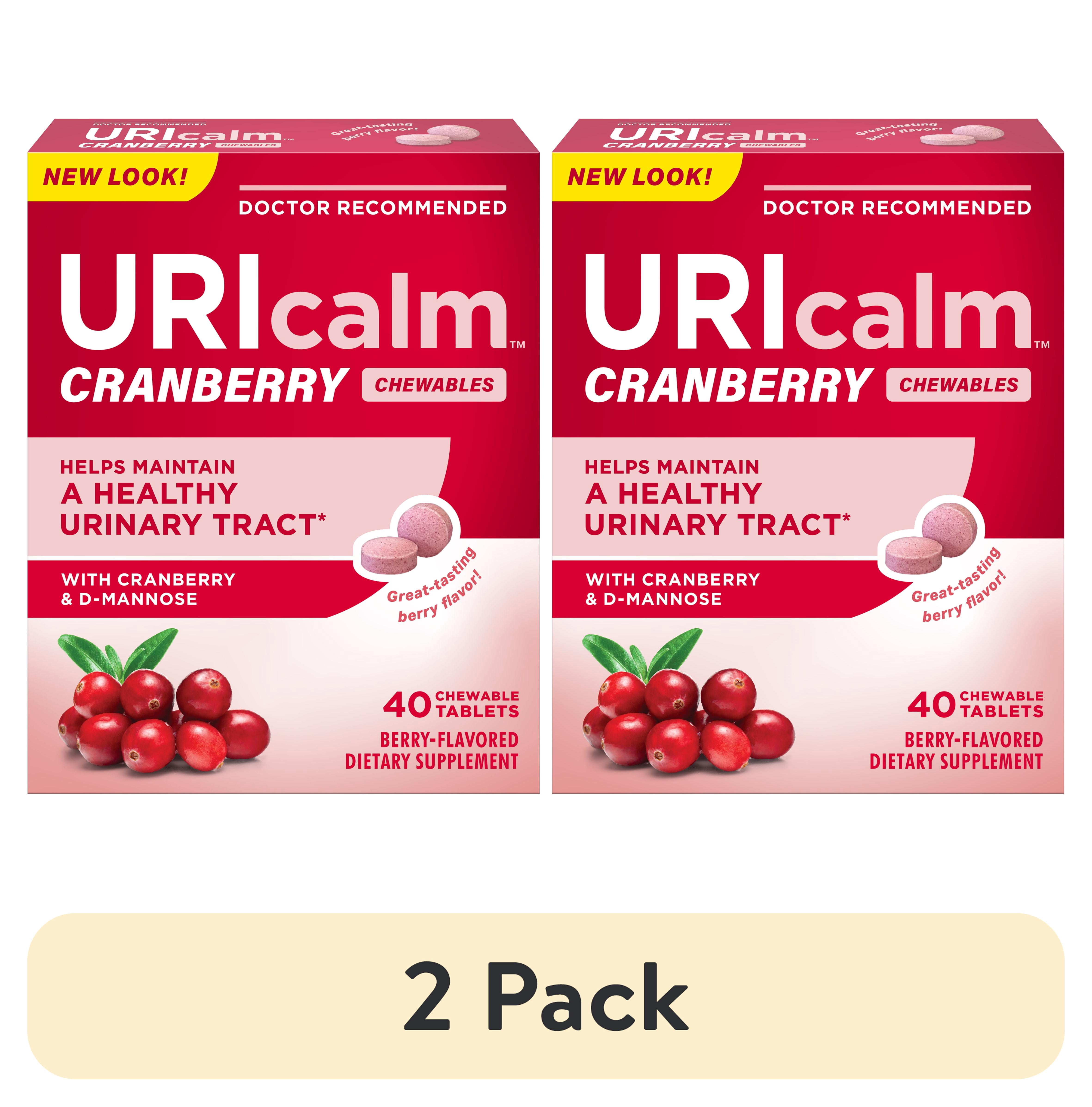 (2 pack) URIcalm Cranberry Urinary Tract Health Supplement, Chewable, Women's Health, Berry Flavor, 40 Count