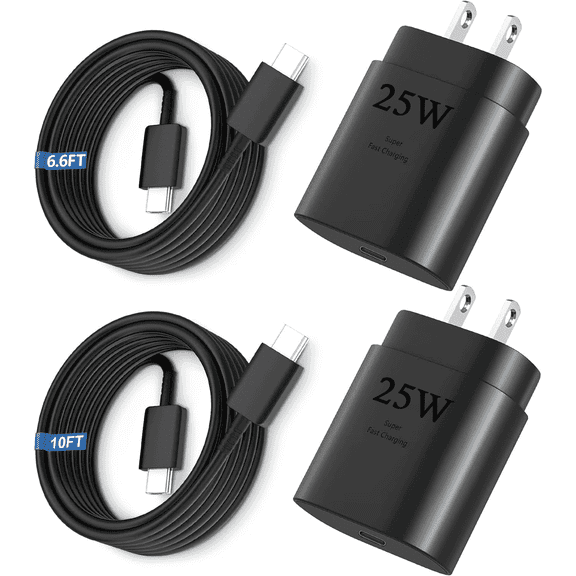 2-Pack 25W Super Fast Charger Wall Charger Block Charging Kit with 6.6ft & 10ft Type-C Cable for Samsung Galaxy S24/S23/S22