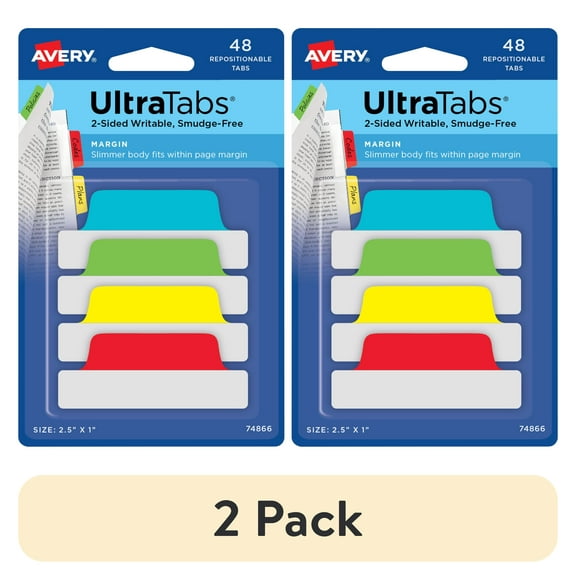 (2 pack) Ultra Tabs, 2.5" x 1", 48 Margin Tabs, Assorted Colors