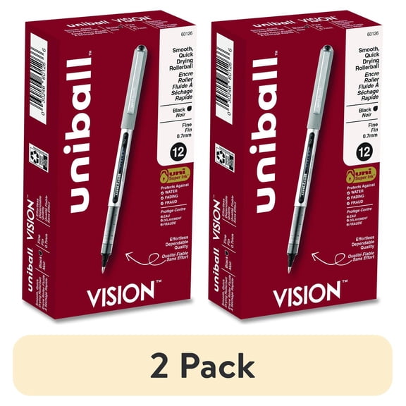 (2 pack) uniball Vision Rollerball Pens, Fine Point, 0.7mm, Black Ink, 12 Count