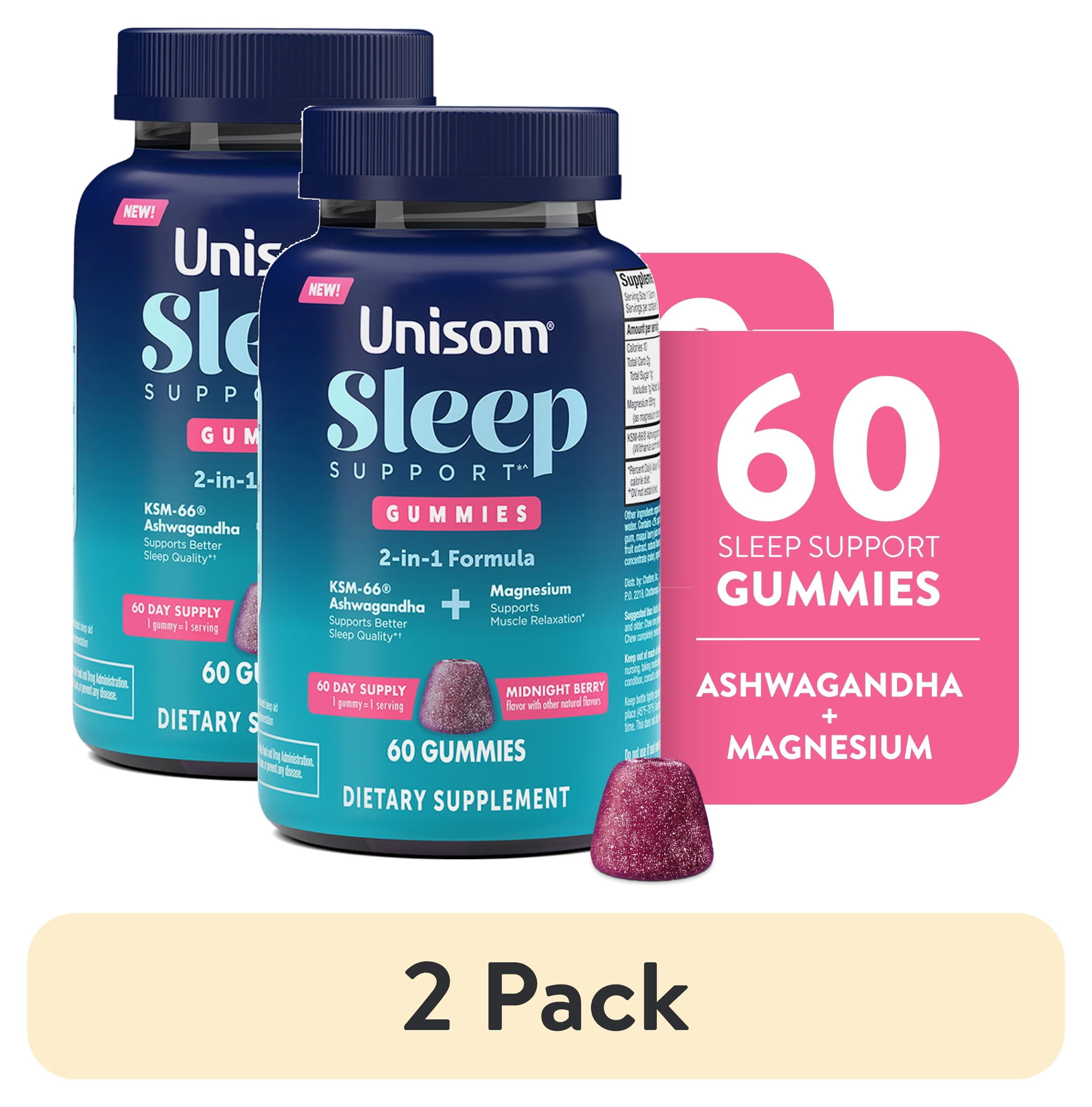 (2 pack) Unisom Sleep Support Gummies, 2-in-1 Magnesium Ashwagandha Drug-Free Formula, Supports Healthy Sleep Routines, Midnight Berry Flavor, 60 Count
