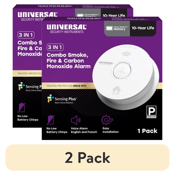 (2 pack) (2 pack) Universal Security Instruments 3 IN 1 10-Year Battery Smoke, Fire, and Carbon Monoxide Alarm