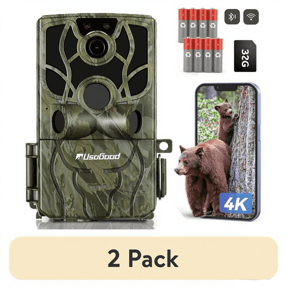(2 pack) (2 pack) Usogood 4K 48MP WiFi Trail Camera with Phone App, Game Camera with Night Vision Motion Activated IP66 Waterproof, 120°PIR Range for Deer & Wildlife