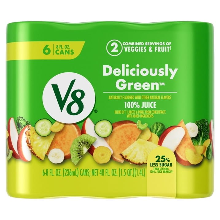 (2 pack) V8 Deliciously Green 100% Fruit and Vegetable Juice, 8 fl oz Can, 6 Count