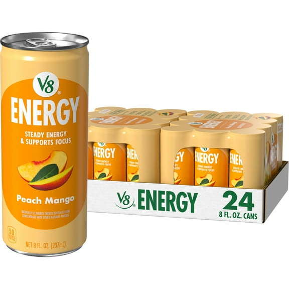 (2 pack) V8 Energy Peach Mango Energy Drink, 8 fl oz Can, 12 Pack