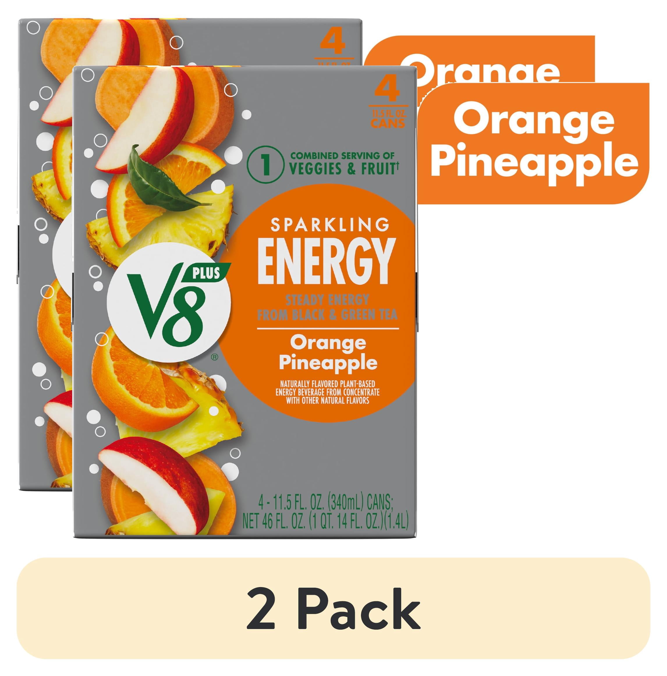 (2 pack) V8 +Energy Sparkling Orange Pineapple Juice Energy Drink, 11.5 fl oz Can, 4 Count