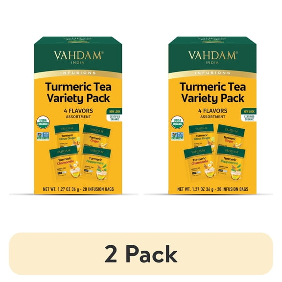 (2 pack) VAHDAM, USDA Organic Turmeric Herbal Tea Sampler (20 Tea Bags, 4 Flavors), Caffeine-Free, Gluten-Free |Turmeric with Citrus, Ginger, Chamomile & Peppermint Tea Variety | Individually Wrapped