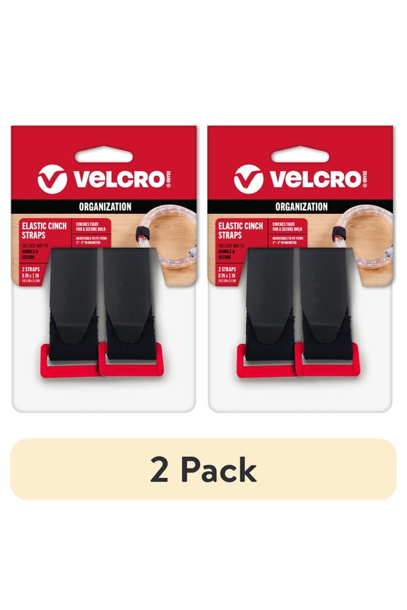 (2 pack) VELCRO Brand Black Elastic Cinch Strap For Hoses, Cords, Camping Supplies, 8"x1" with Red D Ring 2ct