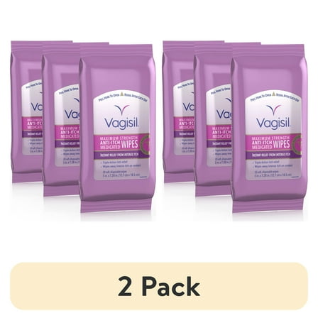 (2 pack) Vagisil Anti-Itch Medicated Feminine Vaginal Wipes, Maximum Strength for Instant Relief, 20 Count, 3 Pack