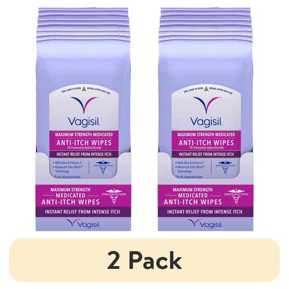 (2 pack) Vagisil Anti-Itch Medicated Feminine Vaginal Wipes, Maximum Strength for Instant Relief, 20 Count, 3 Pack