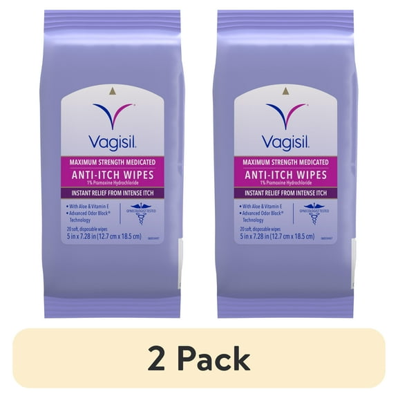 (2 pack) Vagisil Anti-Itch Medicated Wipes, Maximum Strength For Instant Relief from Intense Itch, 20 Wipes in a Resealable Pouch