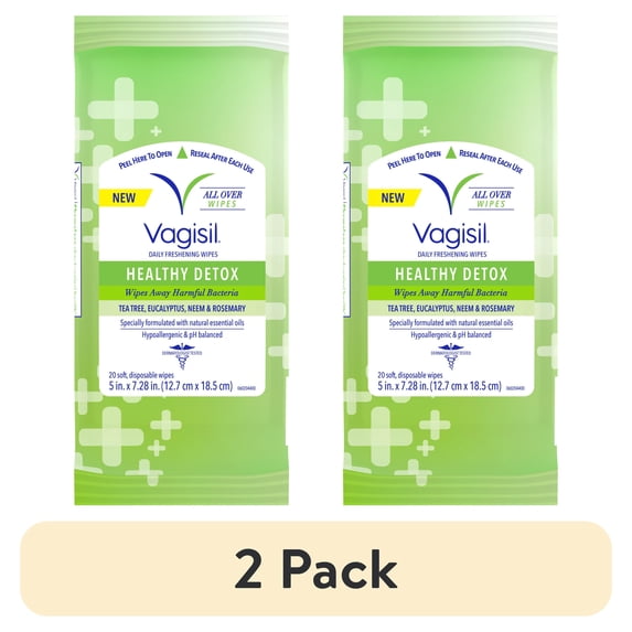 (2 pack) Vagisil Wipes for All Over Cleaning, Health Detox, Formulated with Essential Oils, 20 Wipes in a Re-Sealable Pouch