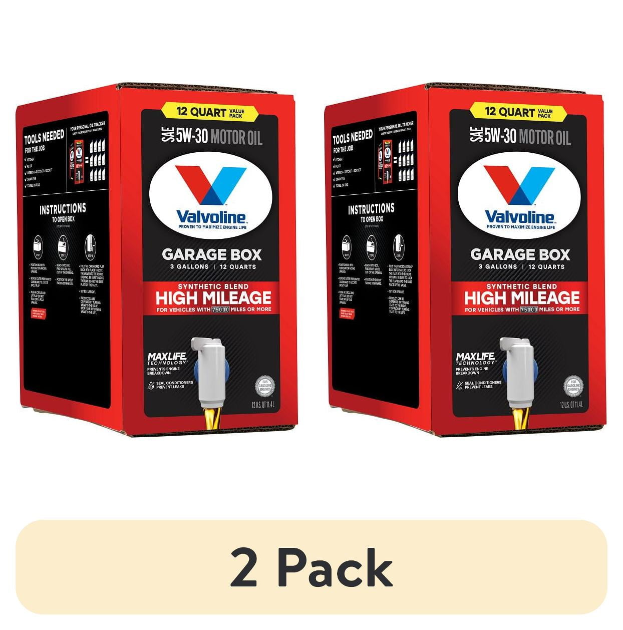 (2 pack) Valvoline High Mileage MaxLife 5W-30 Synthetic Blend Motor Oil 12 QT Garage Box
