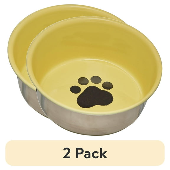 (2 pack) Van Ness Stainless Steel Rubber Bottom Decorated Cat Dish 8oz