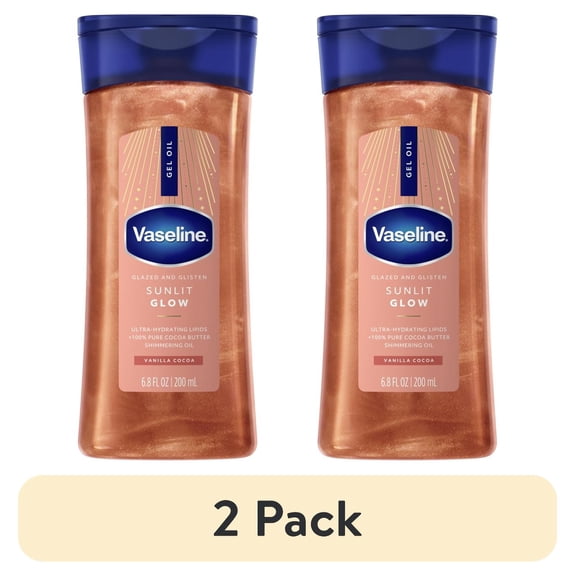 (2 pack) Vaseline Glazed & Glisten Shimmering Body Gel Oil Sunlit Glow, with Vanilla & Cocoa Butter, 6.8 oz