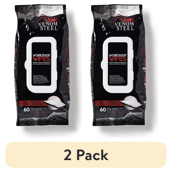 (2 pack) Venom Steel Workshop Wipes with Scrubbing Beads, for Grease, Light Citrus Scent, 8" x 12", 60 Wipes