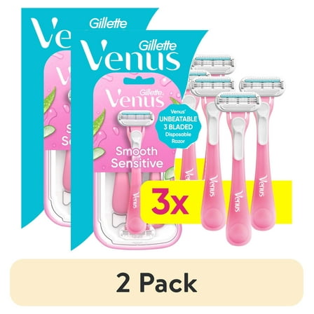 (2 pack) Venus Sensitive Women's 3 Blade Disposable Razor, 3 count, Pink