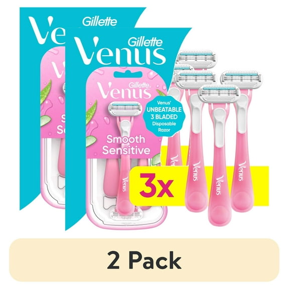 (2 pack) Venus Sensitive Women's 3 Blade Disposable Razor, 3 count, Pink