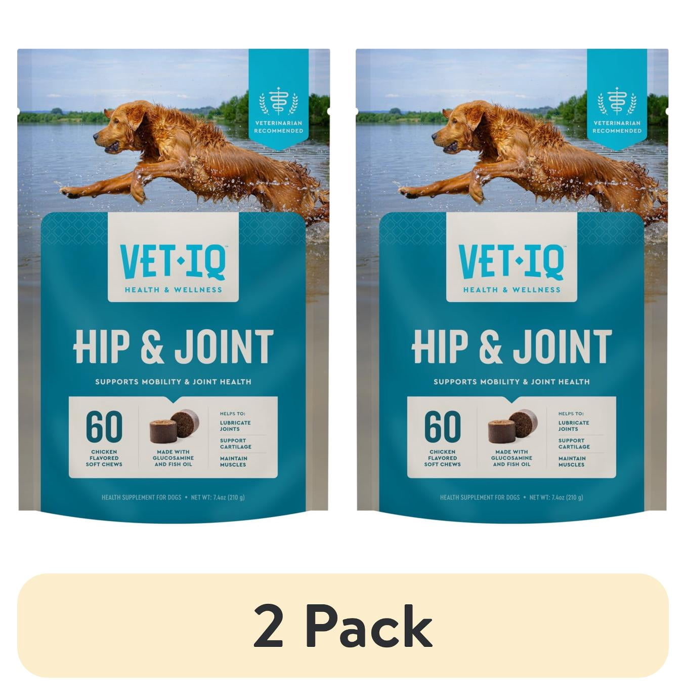 (2 pack) VetIQ Hip & Joint Supplement for Dogs, Chicken Flavored Soft Chews, 7.4 oz, 60 Count