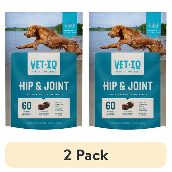(2 pack) VetIQ Hip & Joint Supplement for Dogs, Chicken Flavored Soft Chews, 7.4 oz, 60 Count