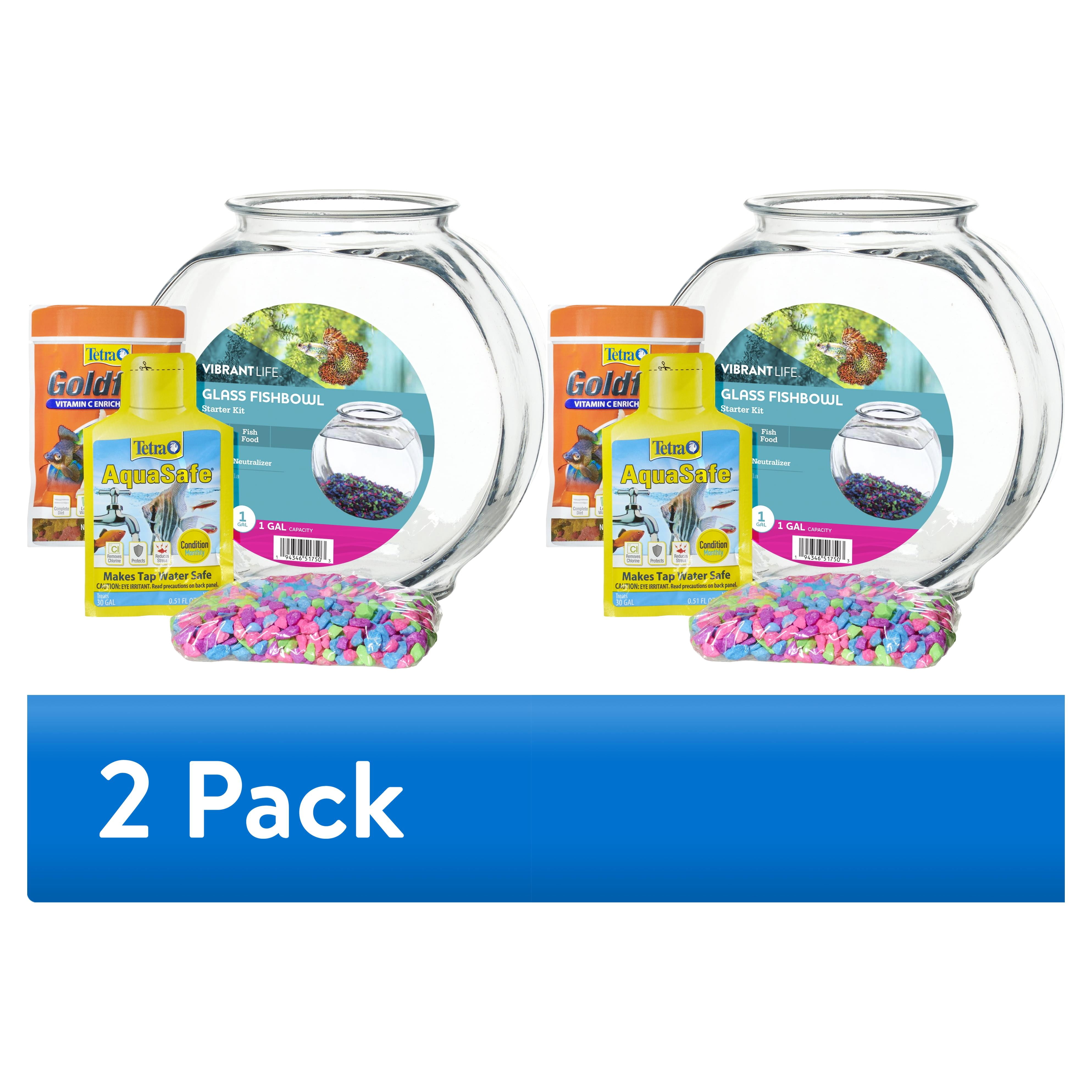 (2 pack) Vibrant Life 1 Gallon Glass Fish Bowl Starter Kit with Colorful Gravel, Fish Food, and Water Conditioner Samples