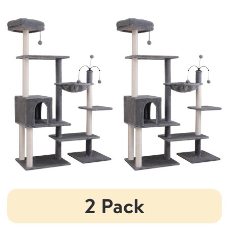 (2 pack) Vibrant Life 64” Multiple Level Cat Tree Tower with Condo and Hammock, Gray