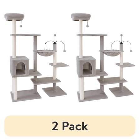 (2 pack) Vibrant Life 64” Multiple Level Cat Tree Tower with Condo and Hammock, Light Gray